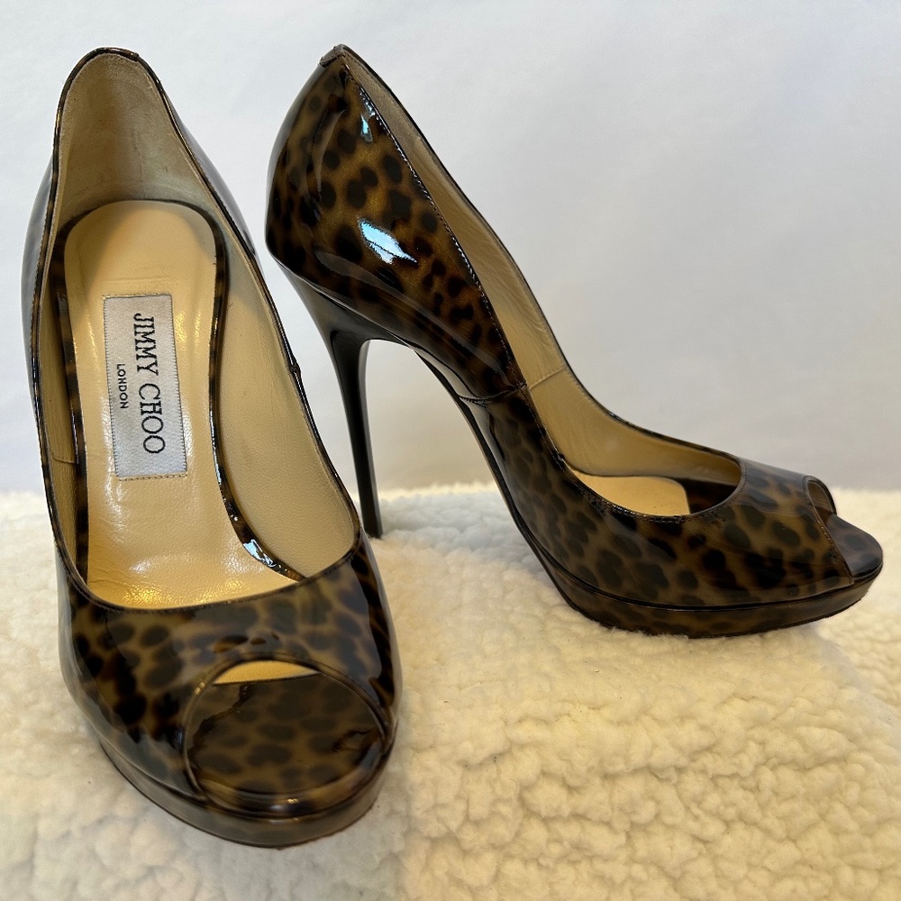 Jimmy Choo Patent Leather Animal Print Peeptoe Stiletto Pump Women's Size 36